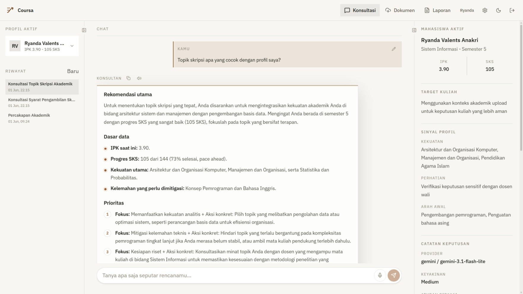 Coursa academic decision platform preview