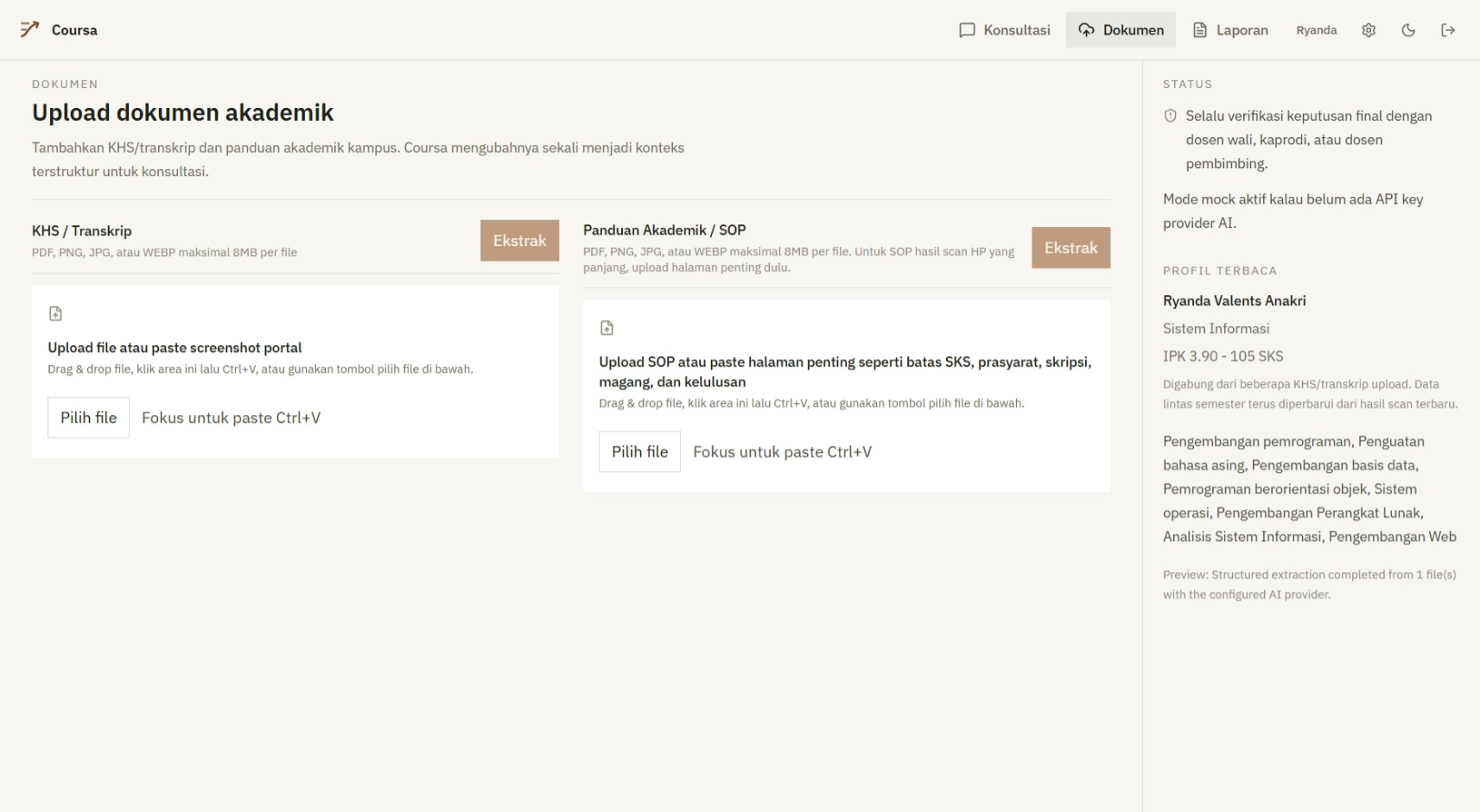 Coursa interface screenshot 2